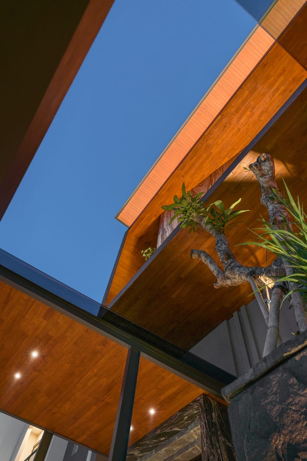 Looking up through the angled glazing to the sky.