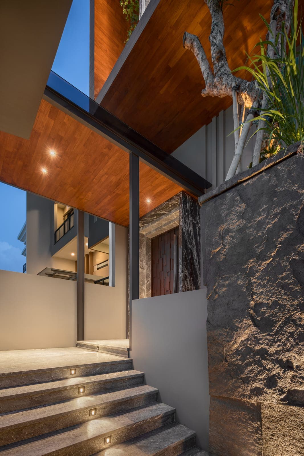 The folded canopy over the entry stair.