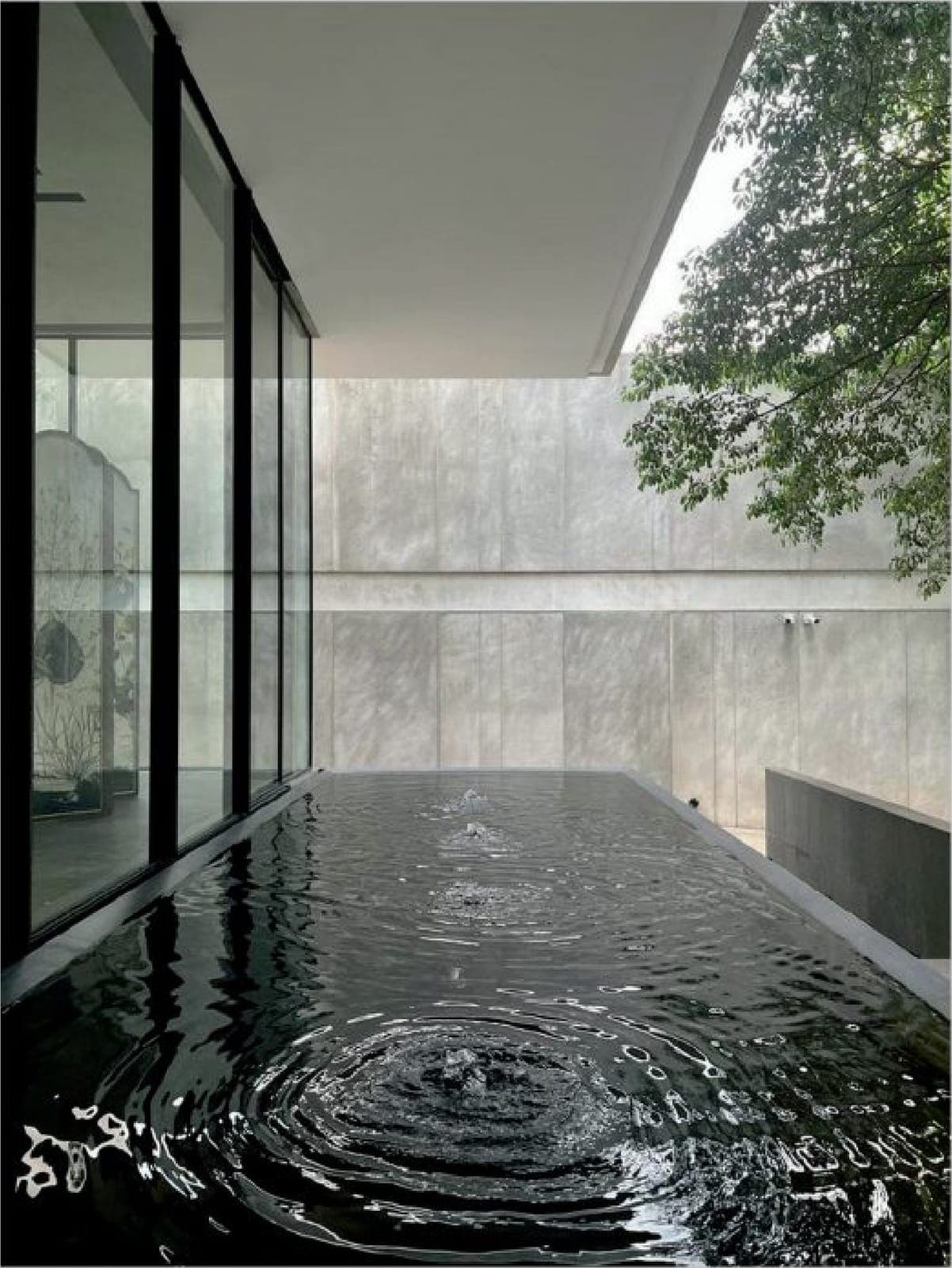 A reflecting pool, between concrete and glass.