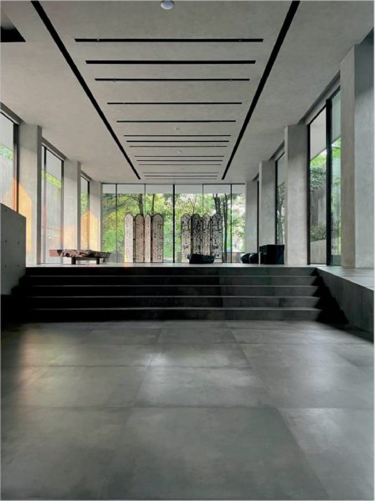 The main hall, stepped down to glass.