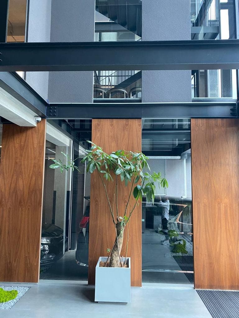 The timber entry, with the planting visible straight through.
