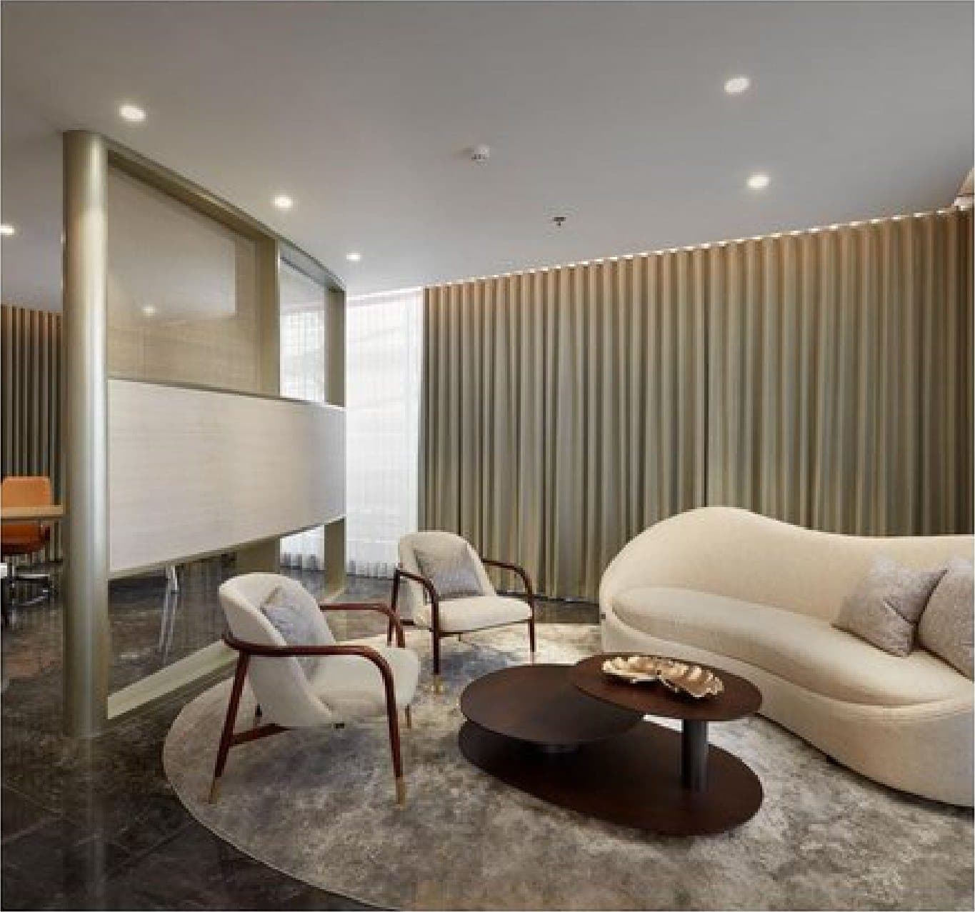 A private lounge, curtained in soft light.