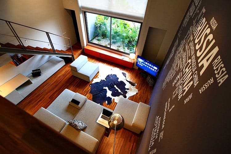 Down into the tall room from the gallery above.